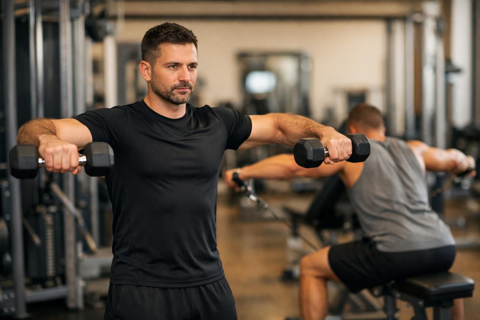 Man in black shirt doing dumbbell lateral raises