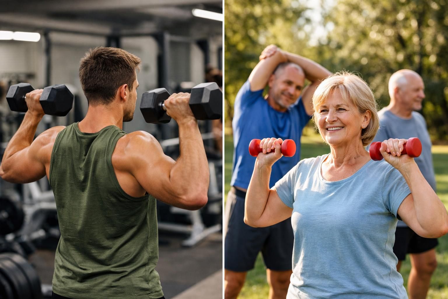 Man lifting dumbbells in gym, seniors exercising outdoors