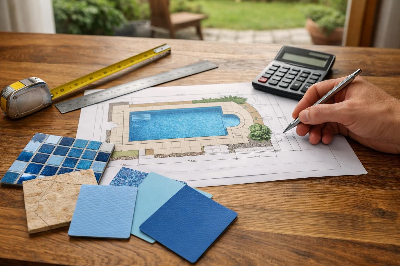Hand sketches pool plan with calculator, tape measure, tile samples