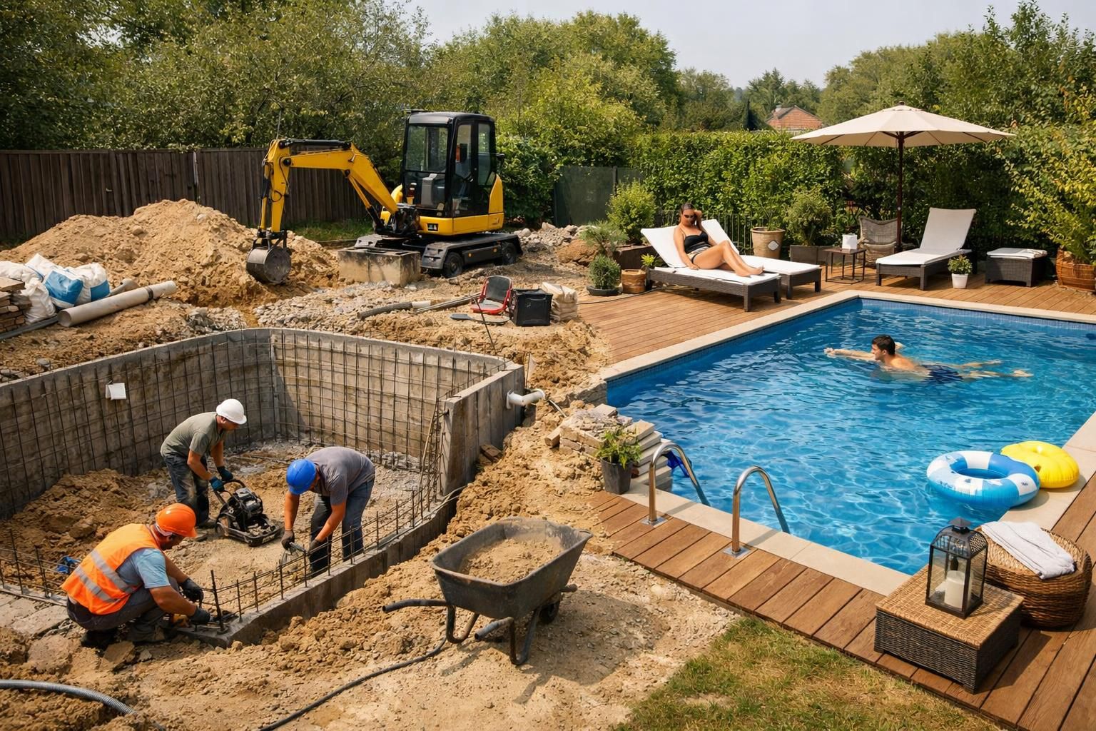 Workers build pool beside backyard pool with excavator