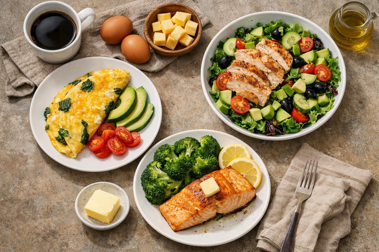 Omelet with avocado, chicken salad, and salmon with broccoli