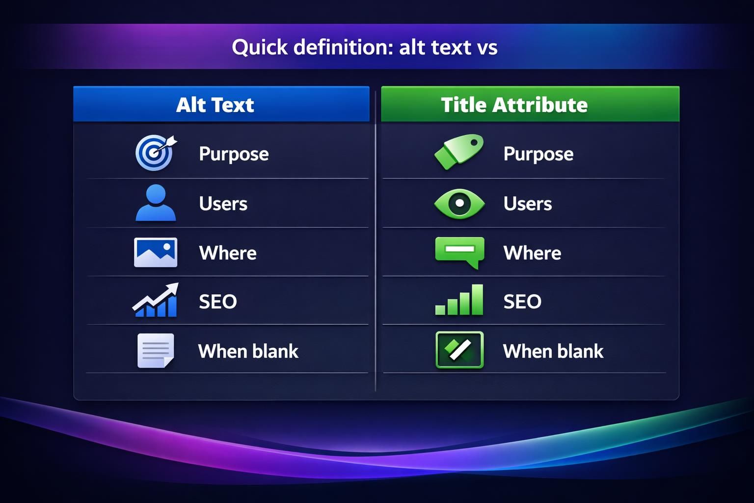 Chart comparing alt text and title attribute basics