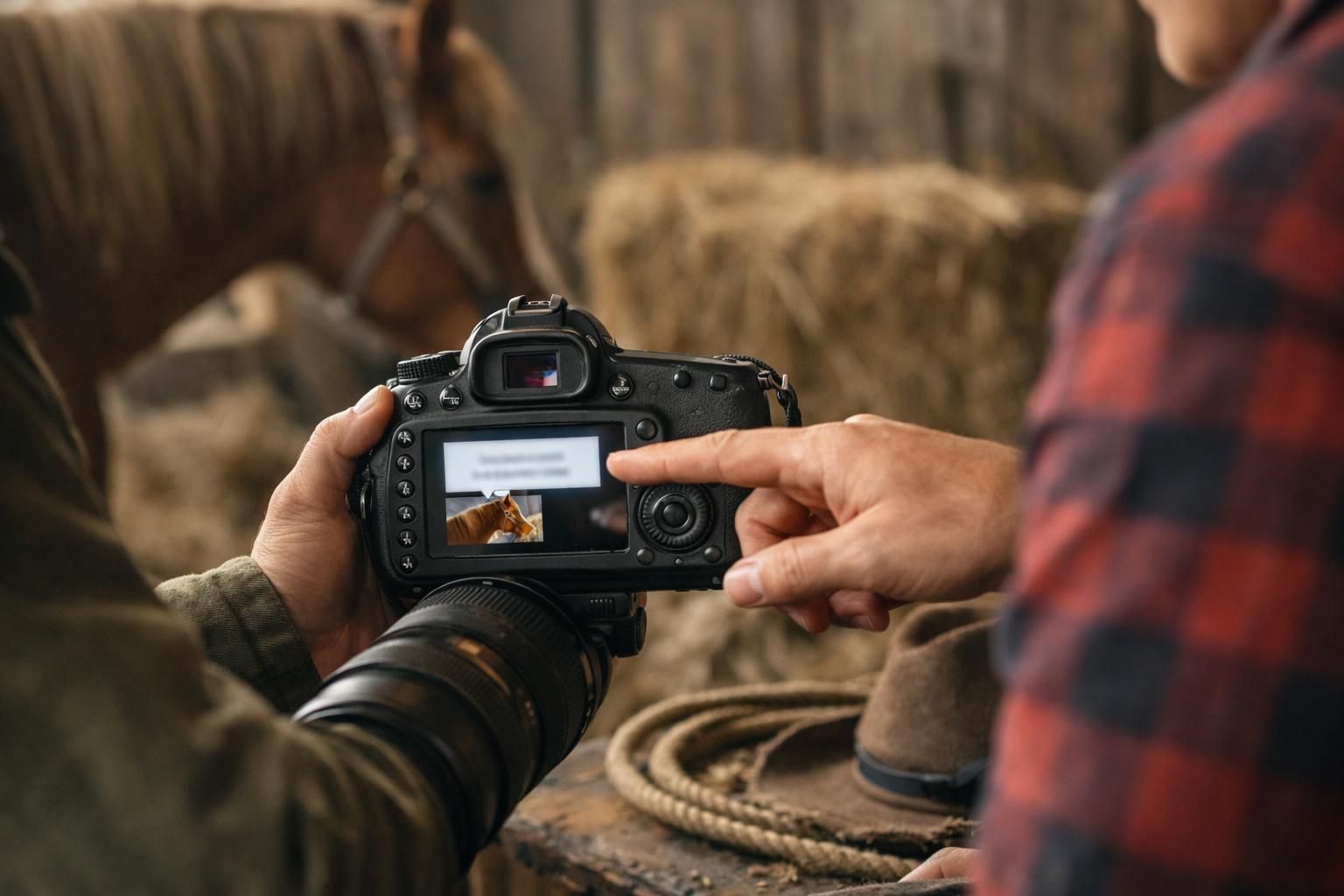 Hands reviewing horse photo on DSLR camera screen