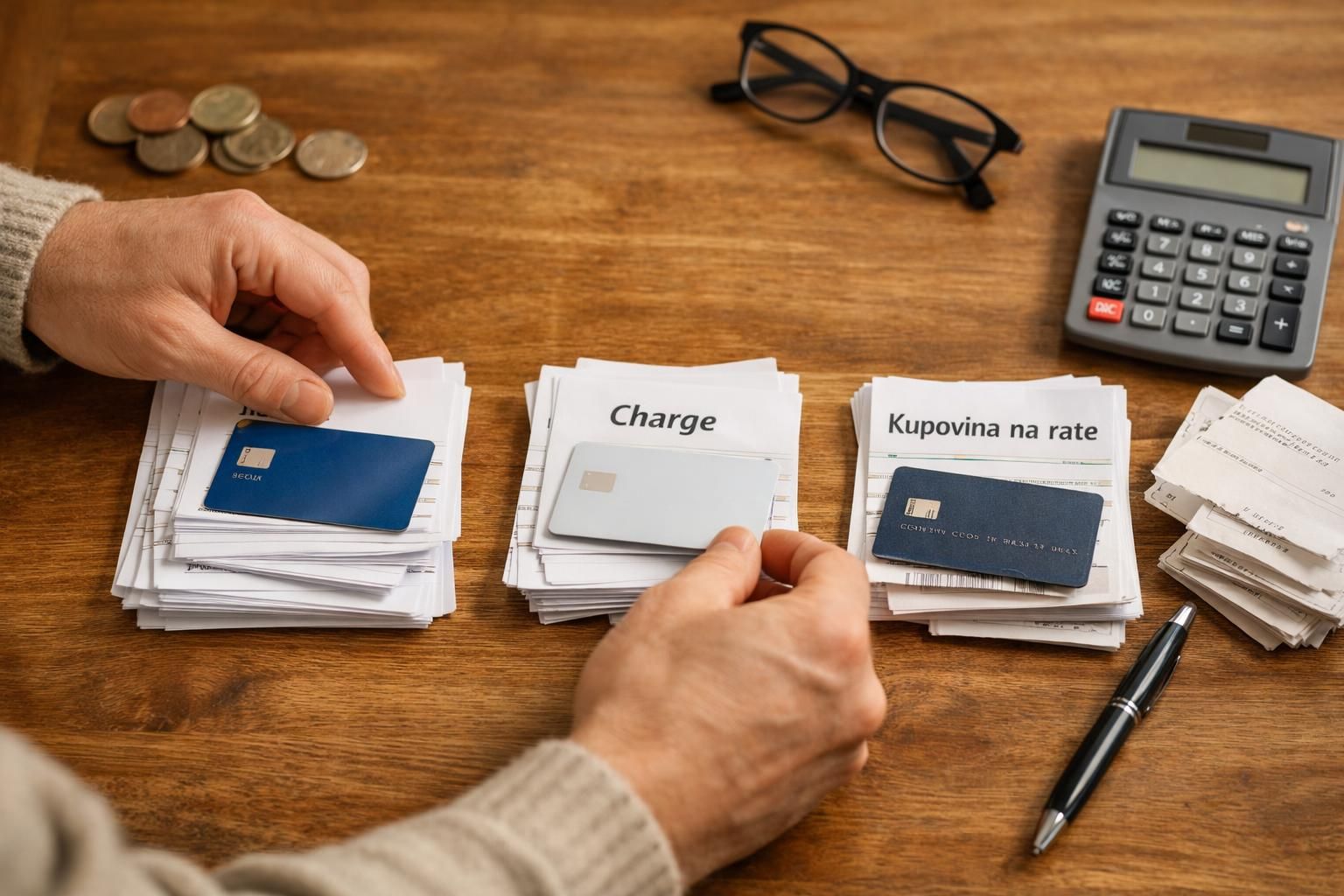 Hands sorting bills with credit cards, calculator, and coins