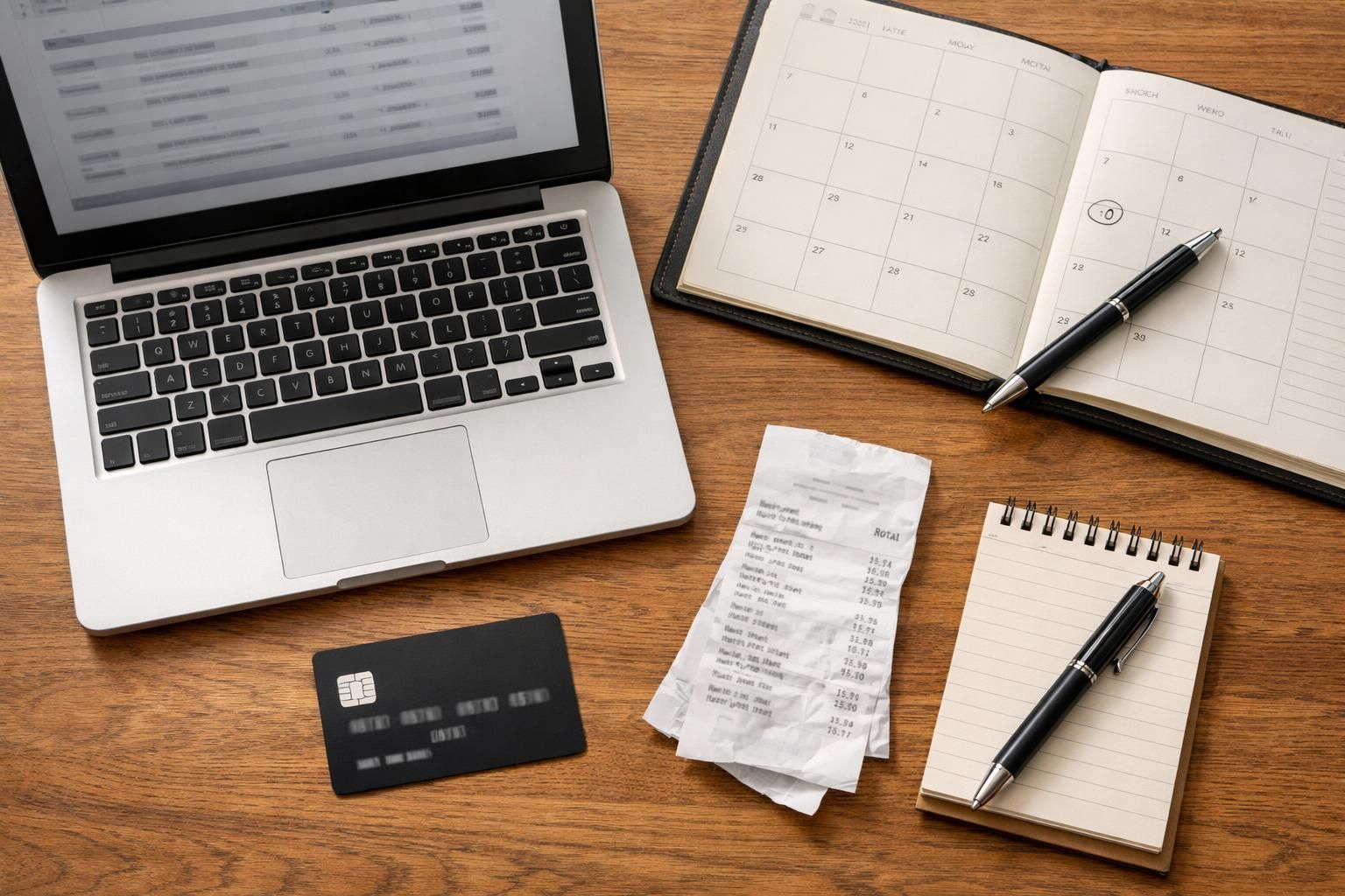 Laptop, planner, receipts, credit card, and notepad on desk