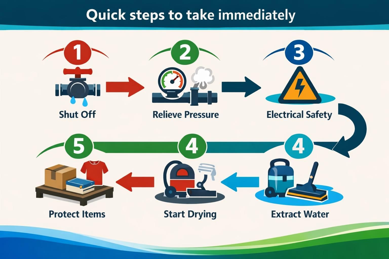 Infographic showing five quick steps for water damage cleanup
