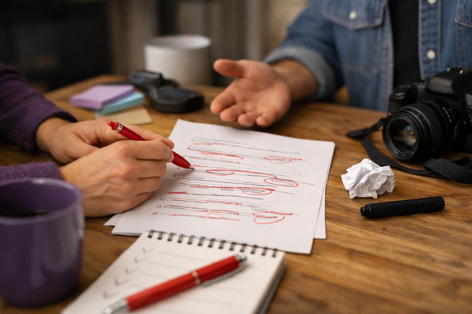 Hands marking document with red pen on desk