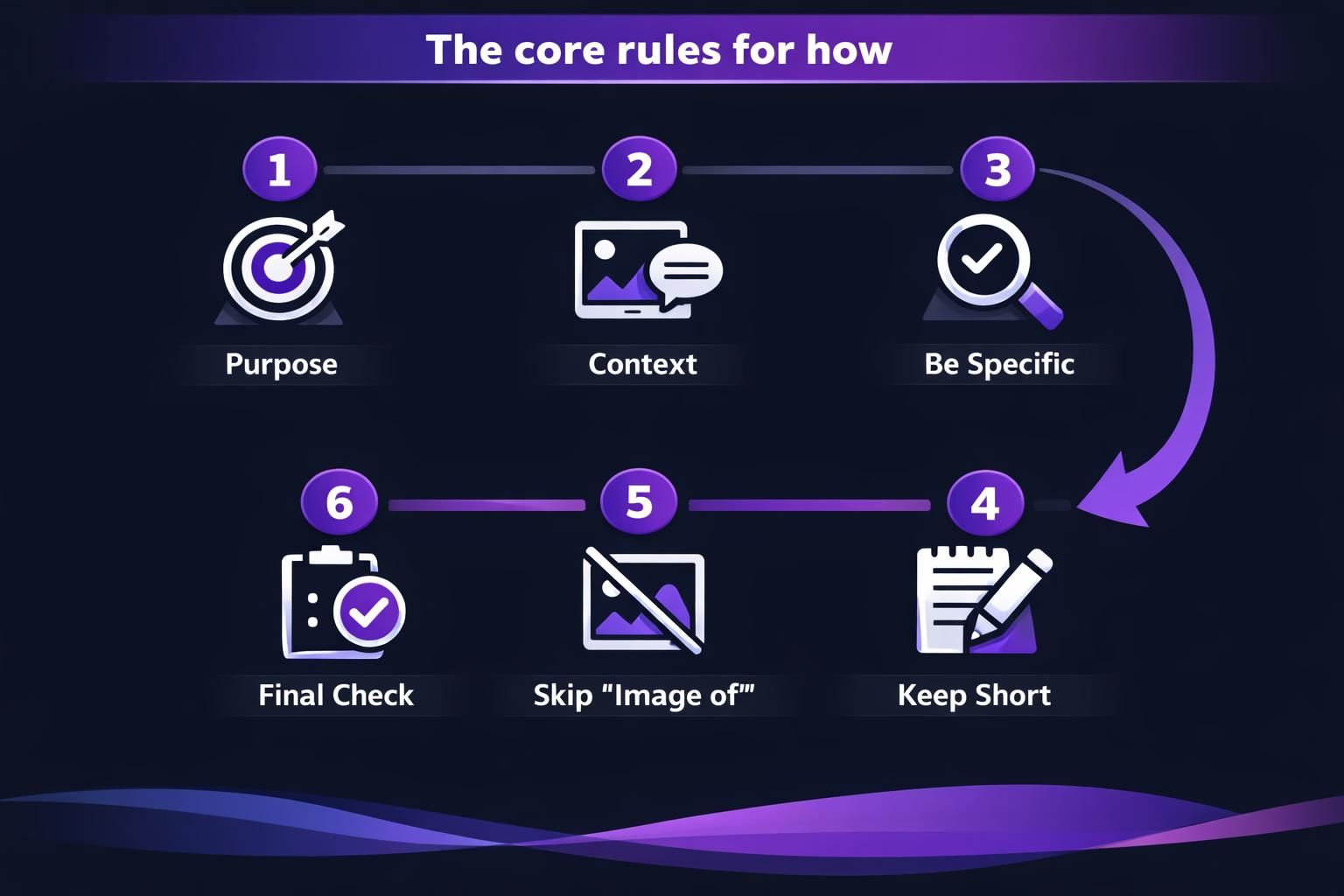 Infographic showing six core rules for writing alt text