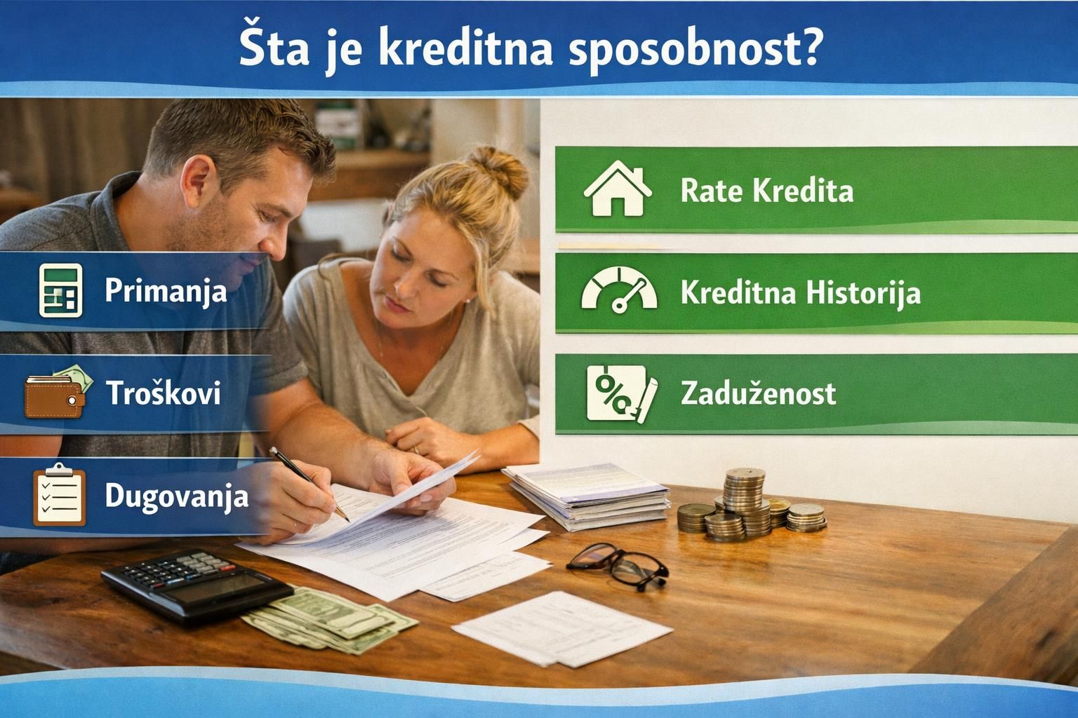 Couple reviewing bills with calculator and coins on table