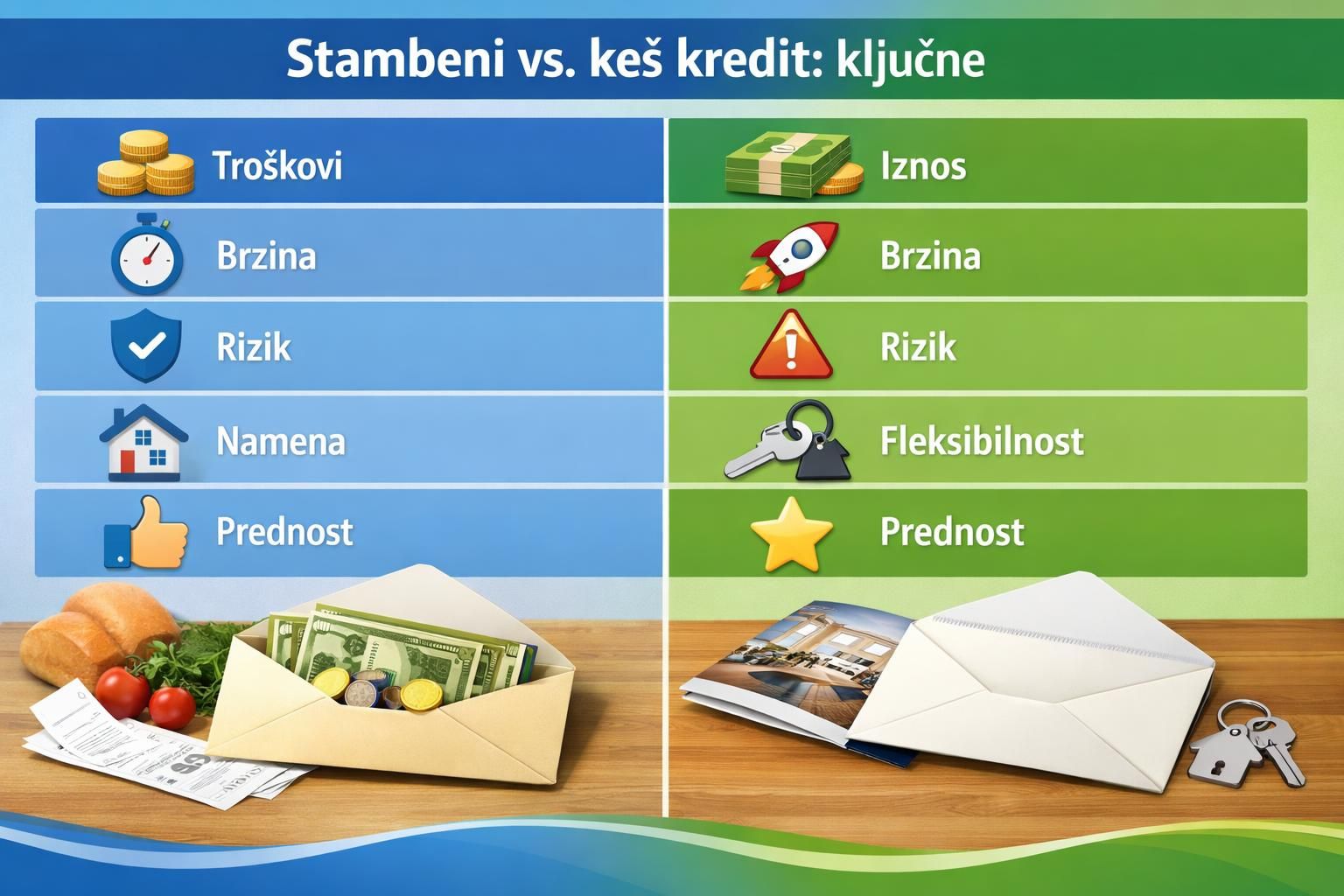 Infographic comparing mortgage and cash loan with icons