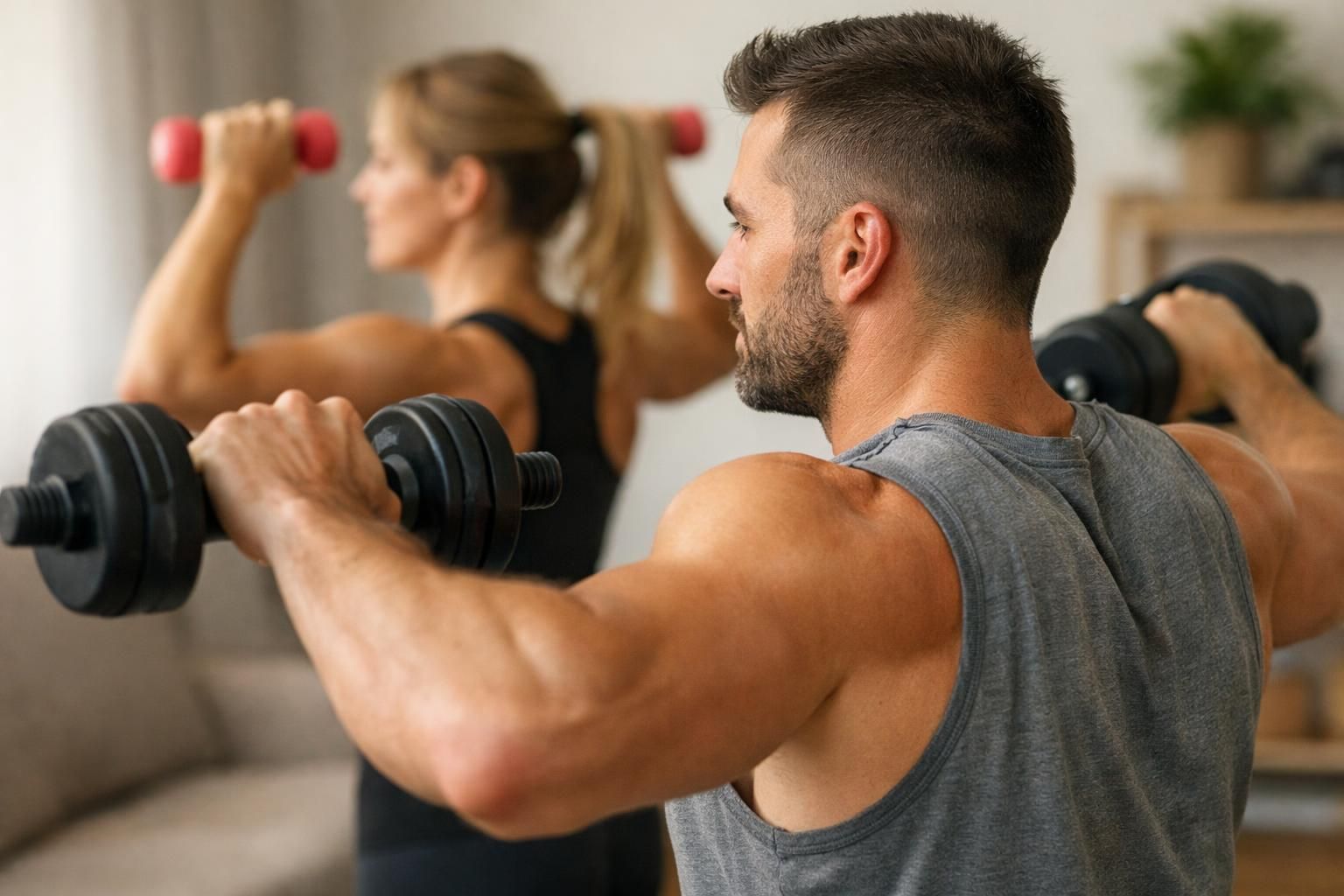 Man and woman lifting dumbbells during home workout