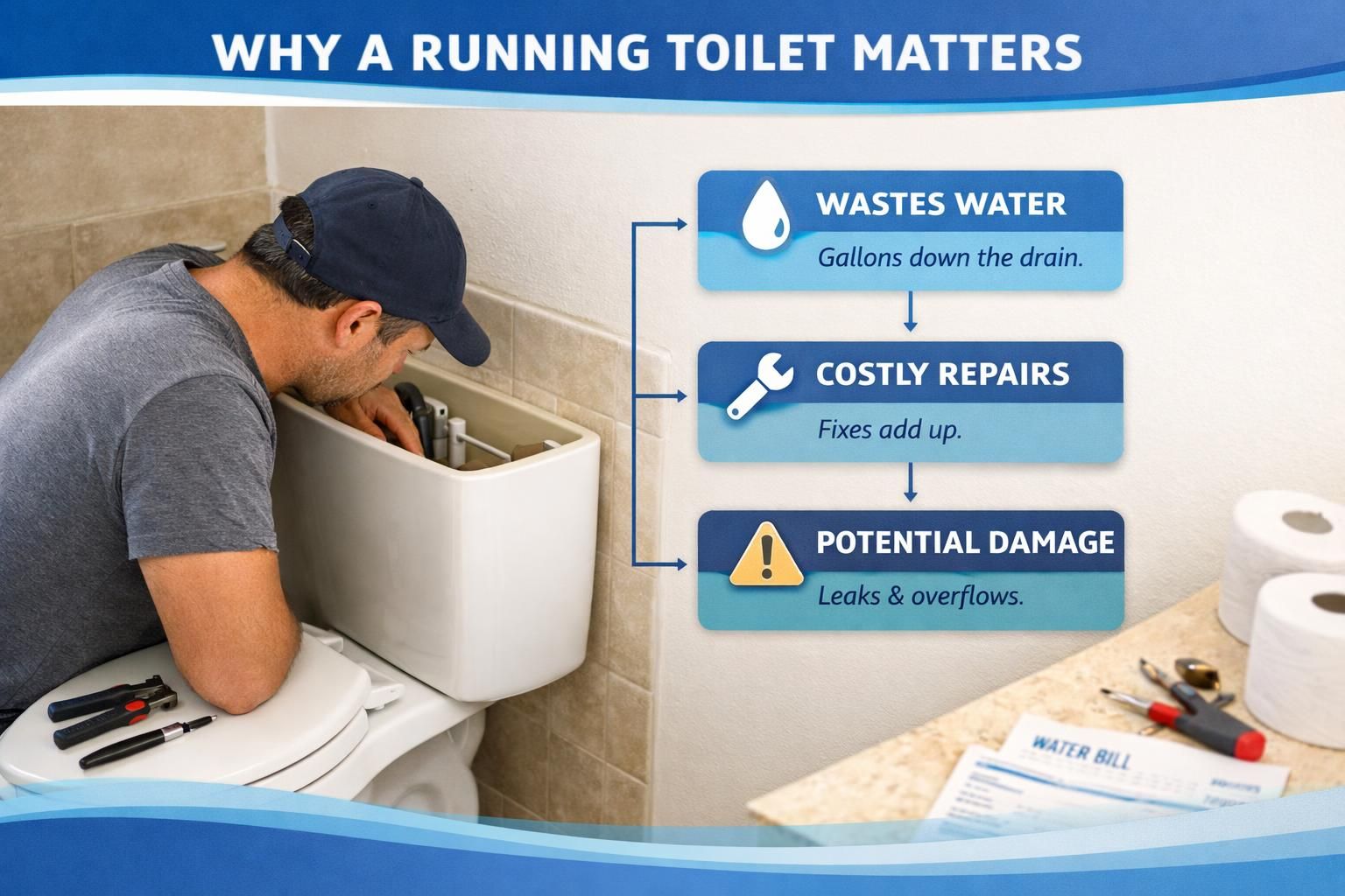 Man repairing toilet tank beside running toilet infographic