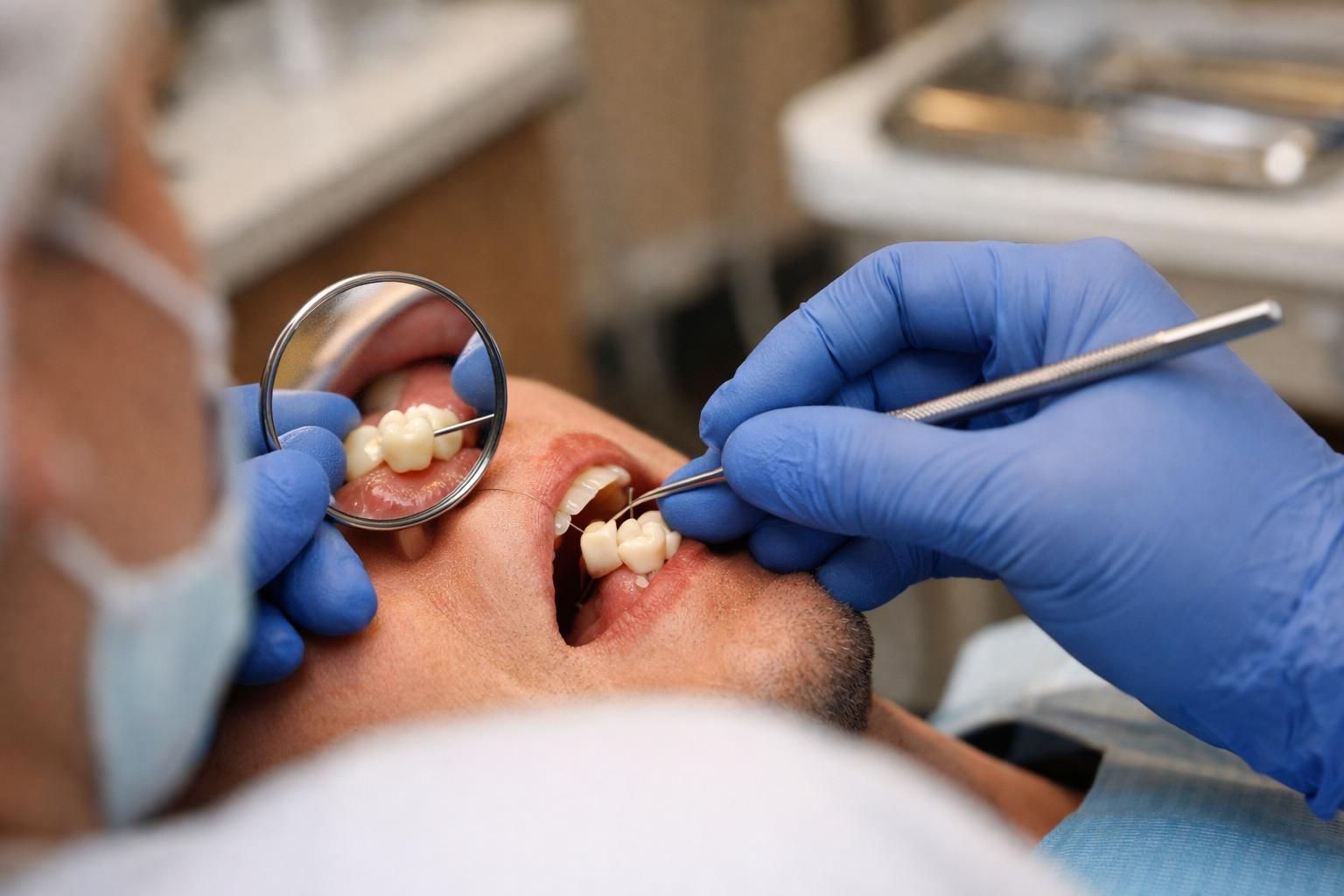 Dentist in blue gloves examining patient teeth with mirror