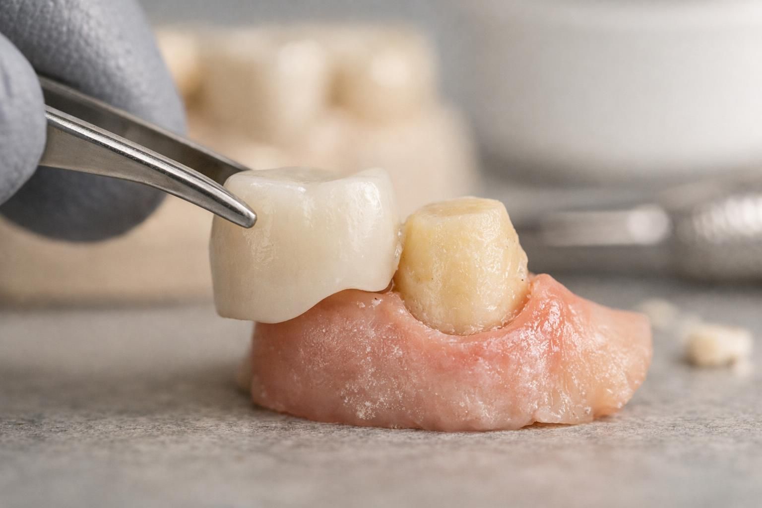 Tweezers holding white tooth crown beside prepared tooth
