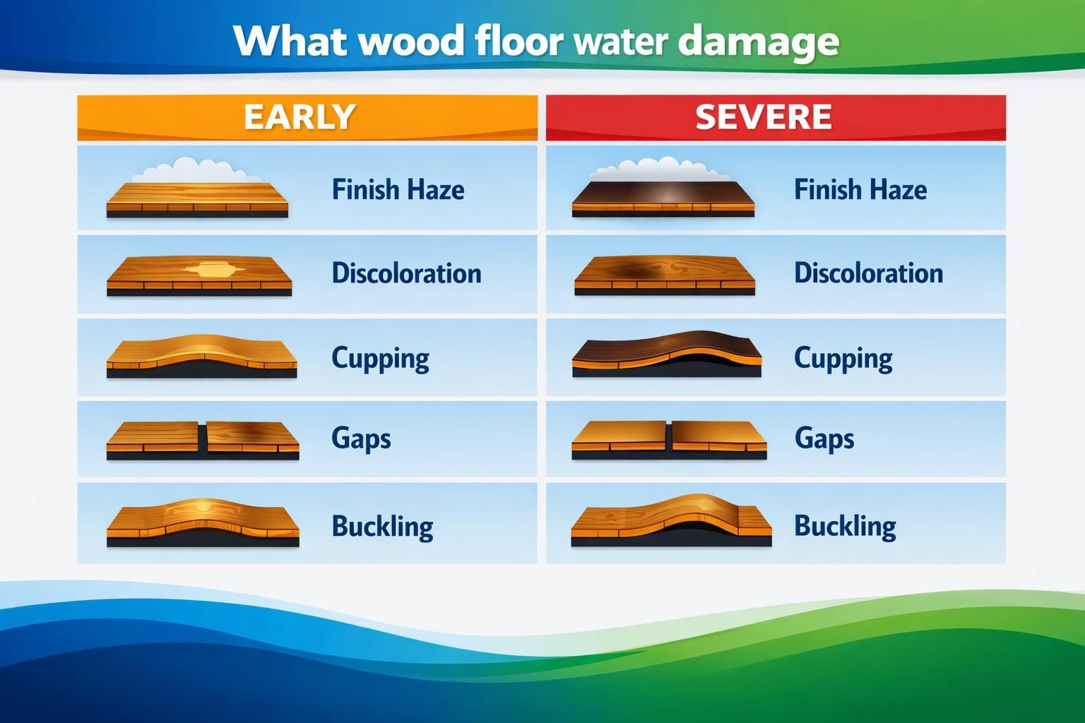 Chart comparing early and severe wood floor water damage