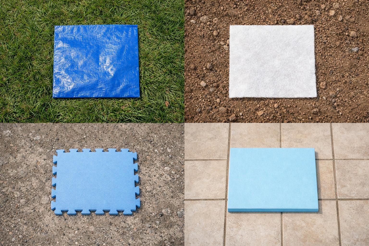 Four mats on grass, dirt, concrete, and tile