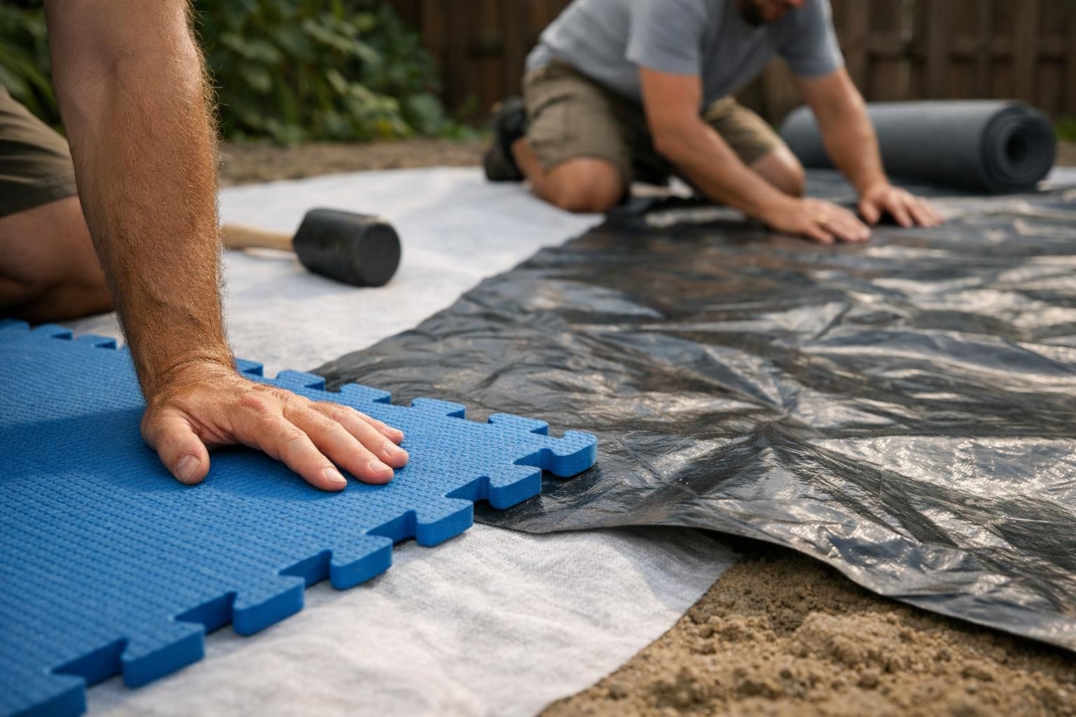 Hands laying blue foam tiles over black plastic sheeting