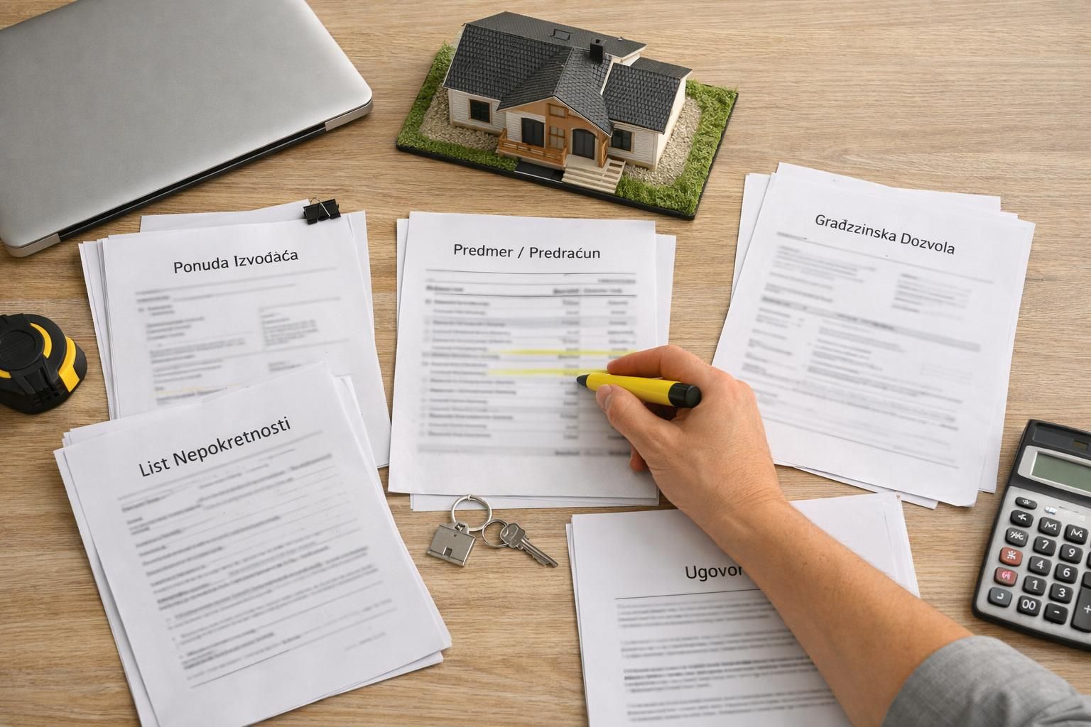 Hand highlighting paperwork beside model house, keys, calculator