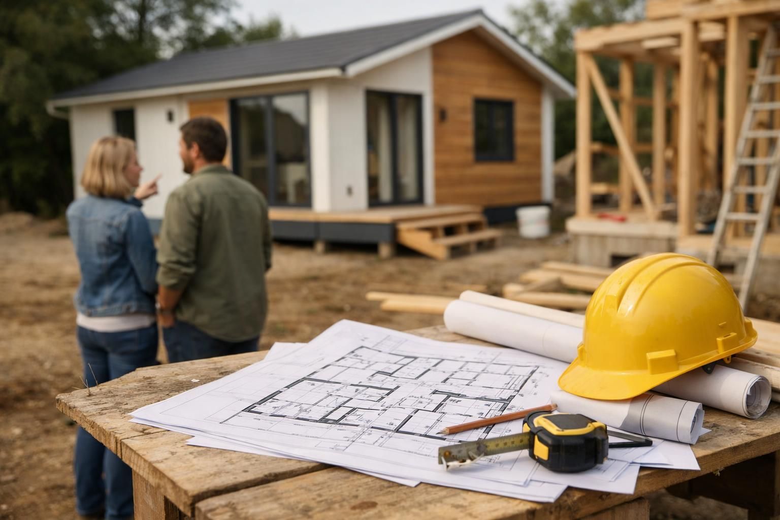 Yellow hard hat and blueprints on table at construction site