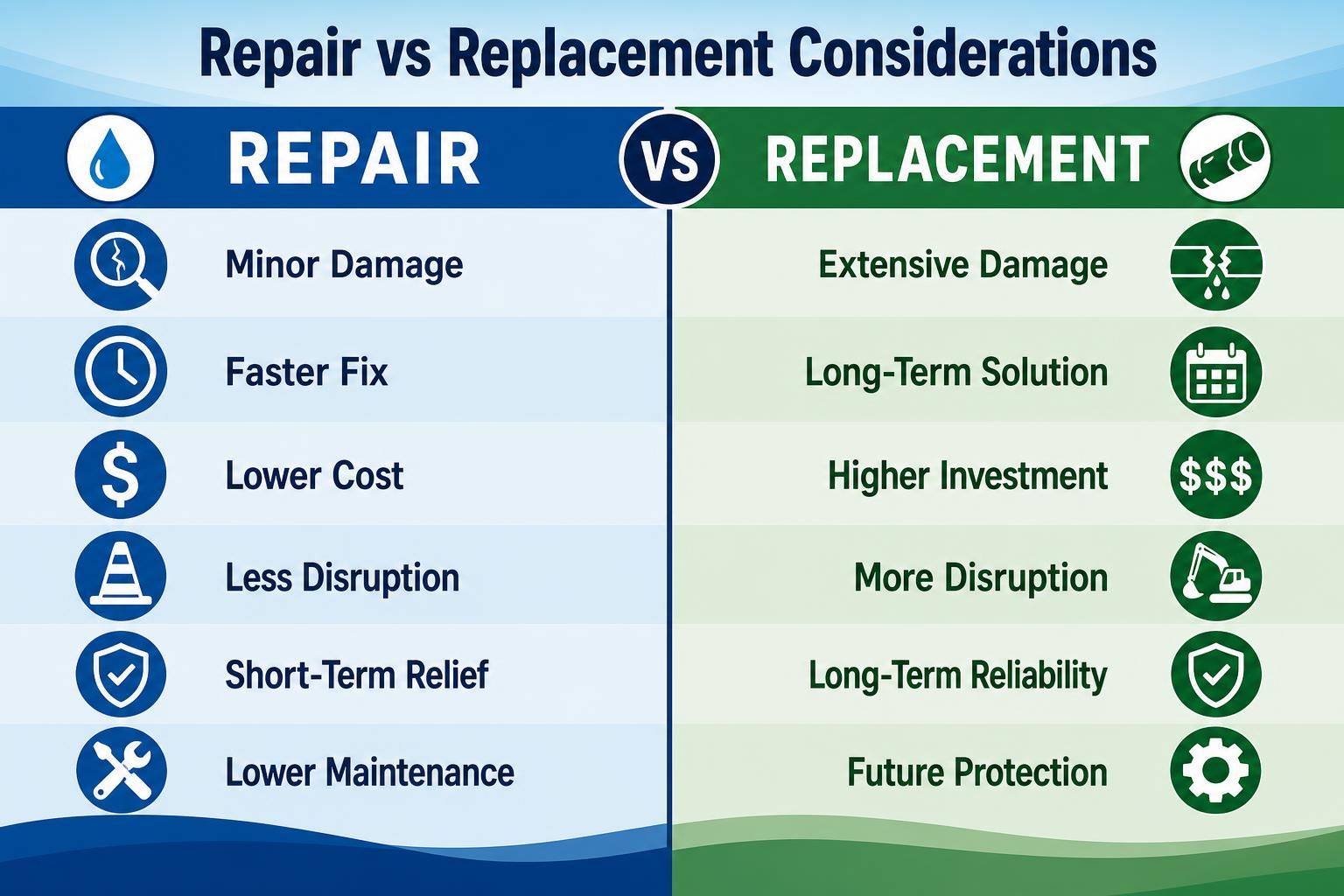 Repair versus replacement comparison chart with icons and cost notes