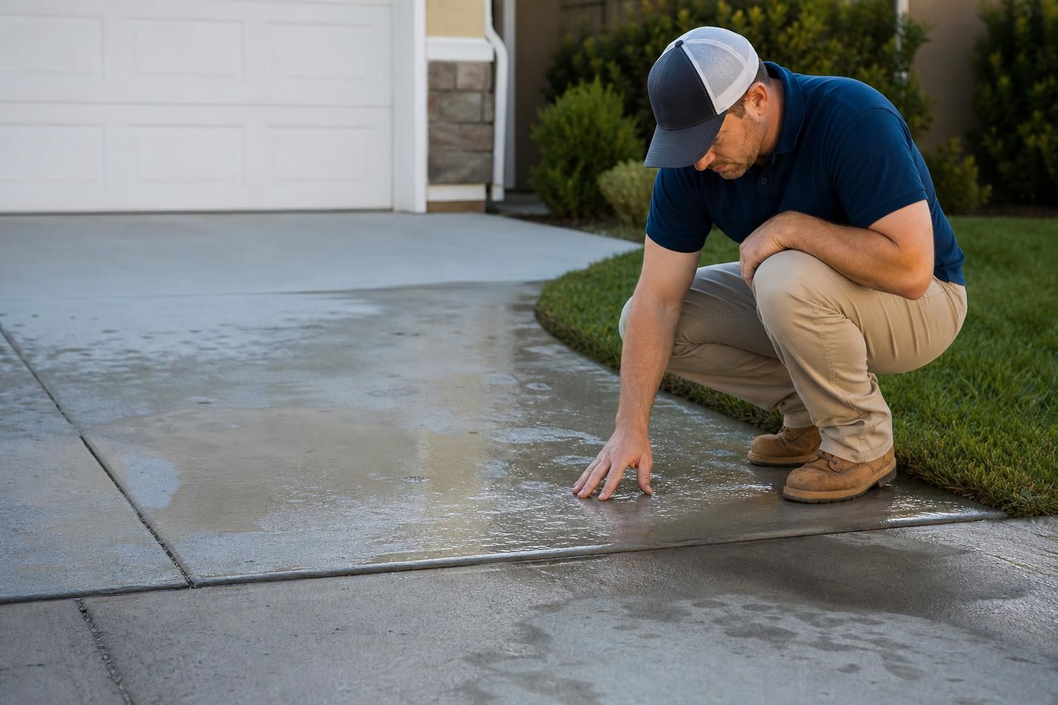 Man crouches by wet driveway pavement and inspects standing water