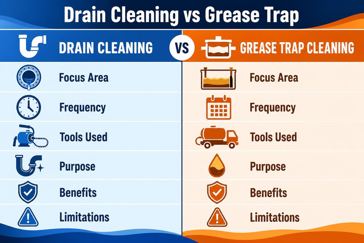 Comparison chart with drain and grease trap cleaning icons, labels, and symbols