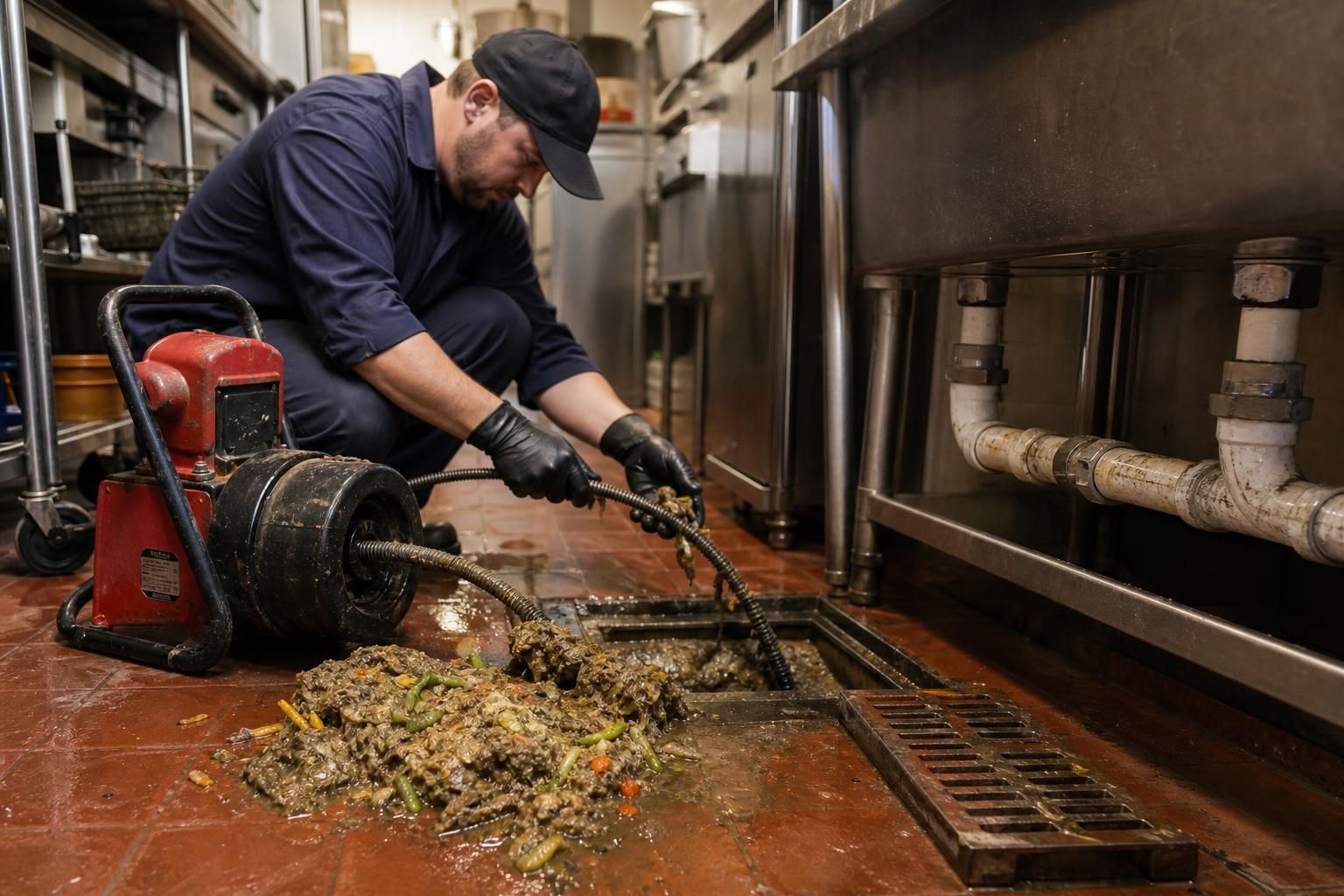 Technician clears greasy clog from a kitchen floor drain