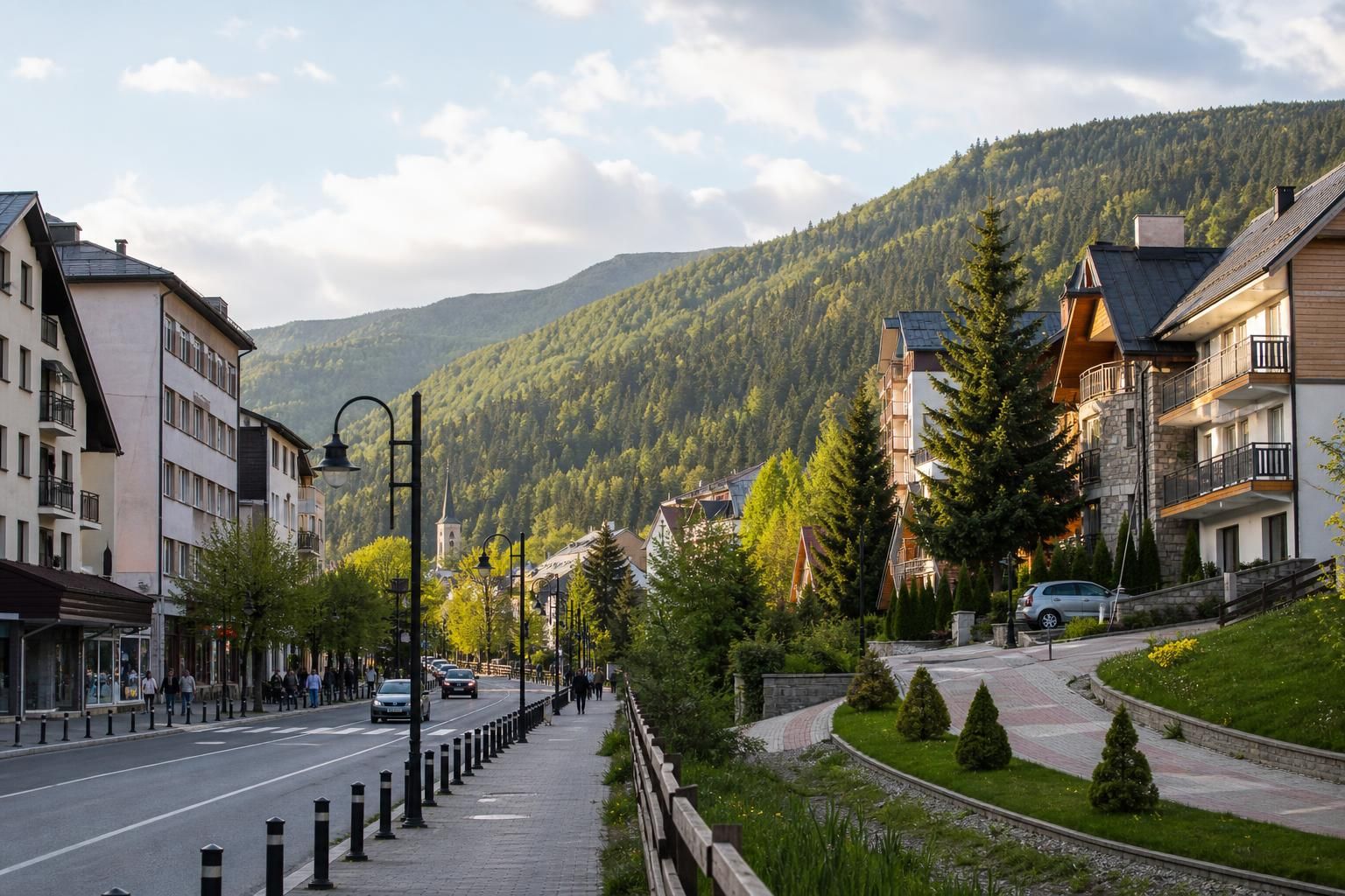 Ulica s apartmanima, drvećem i planinom u pozadini
