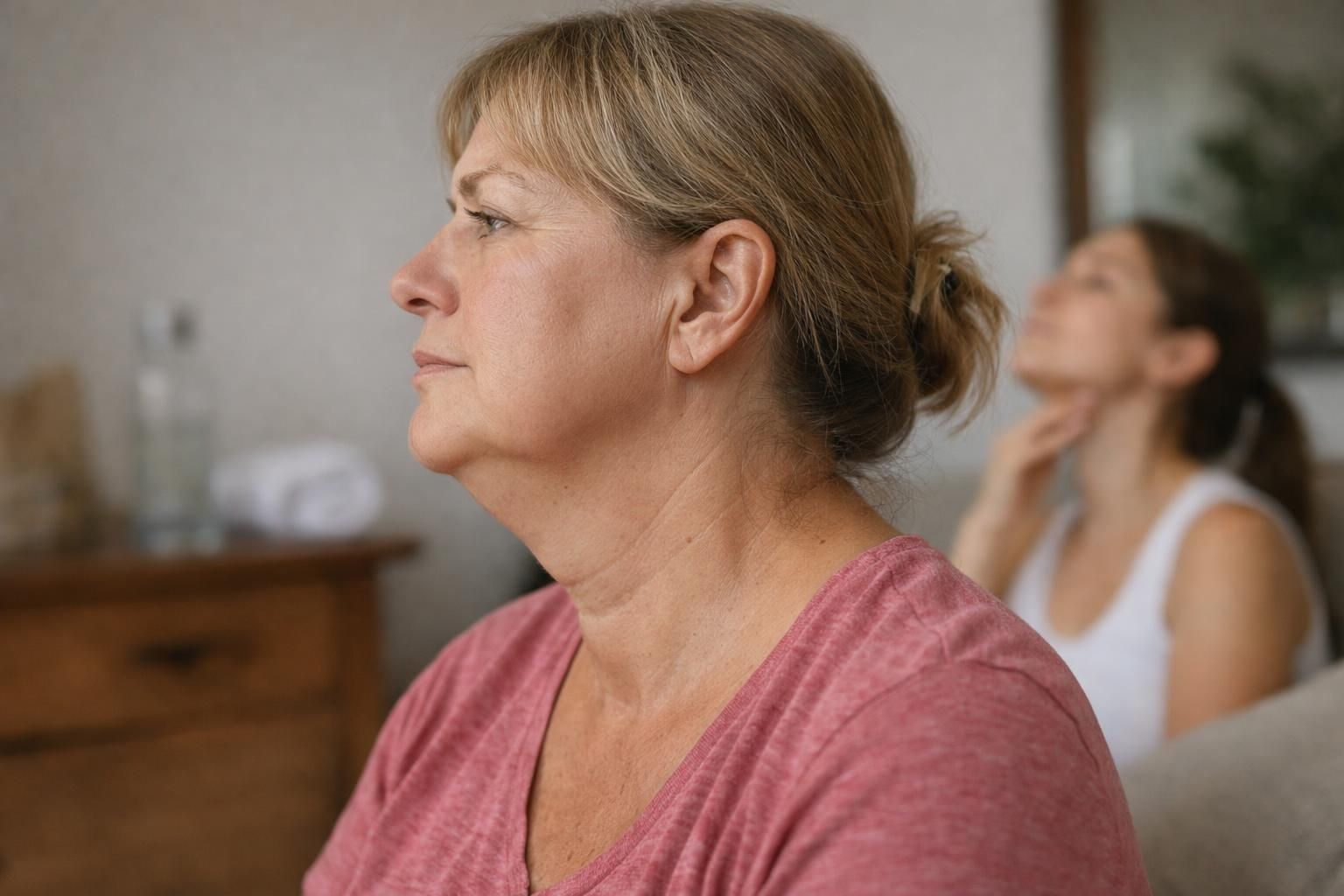 Middle-aged woman in pink shirt, side profile indoors