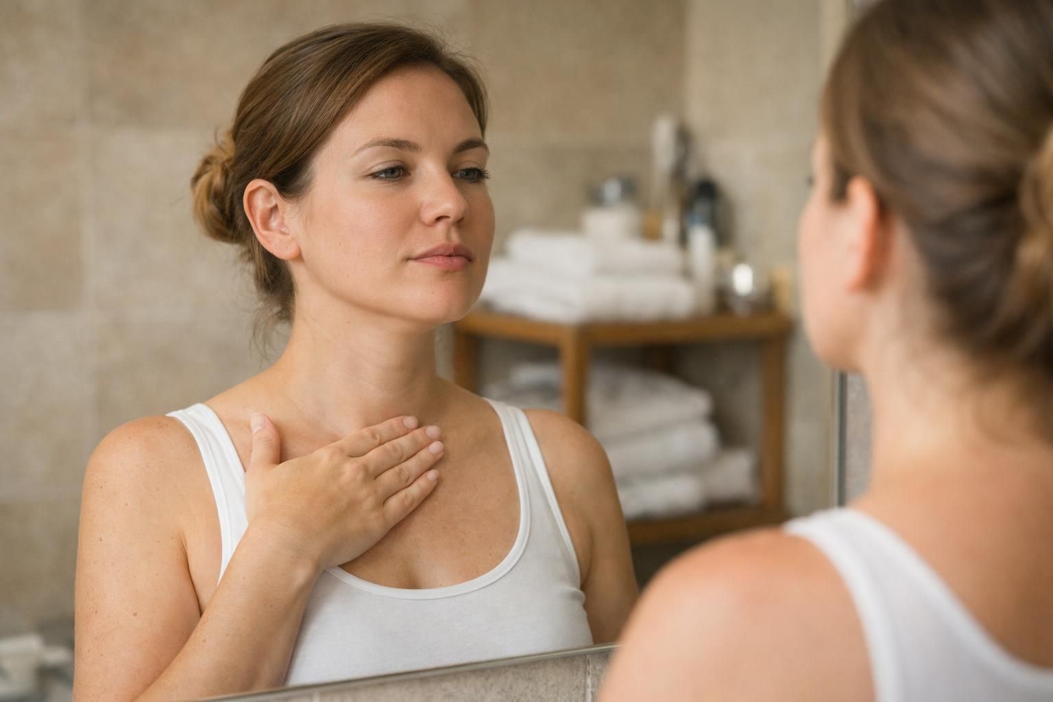 Woman touching her neck while looking in bathroom mirror