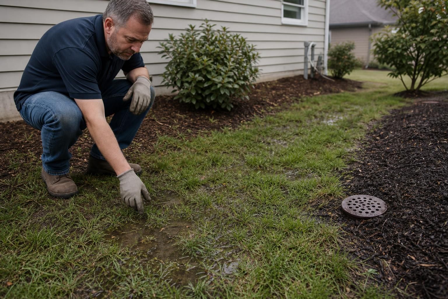 Man crouches beside a soggy lawn near a drain cover