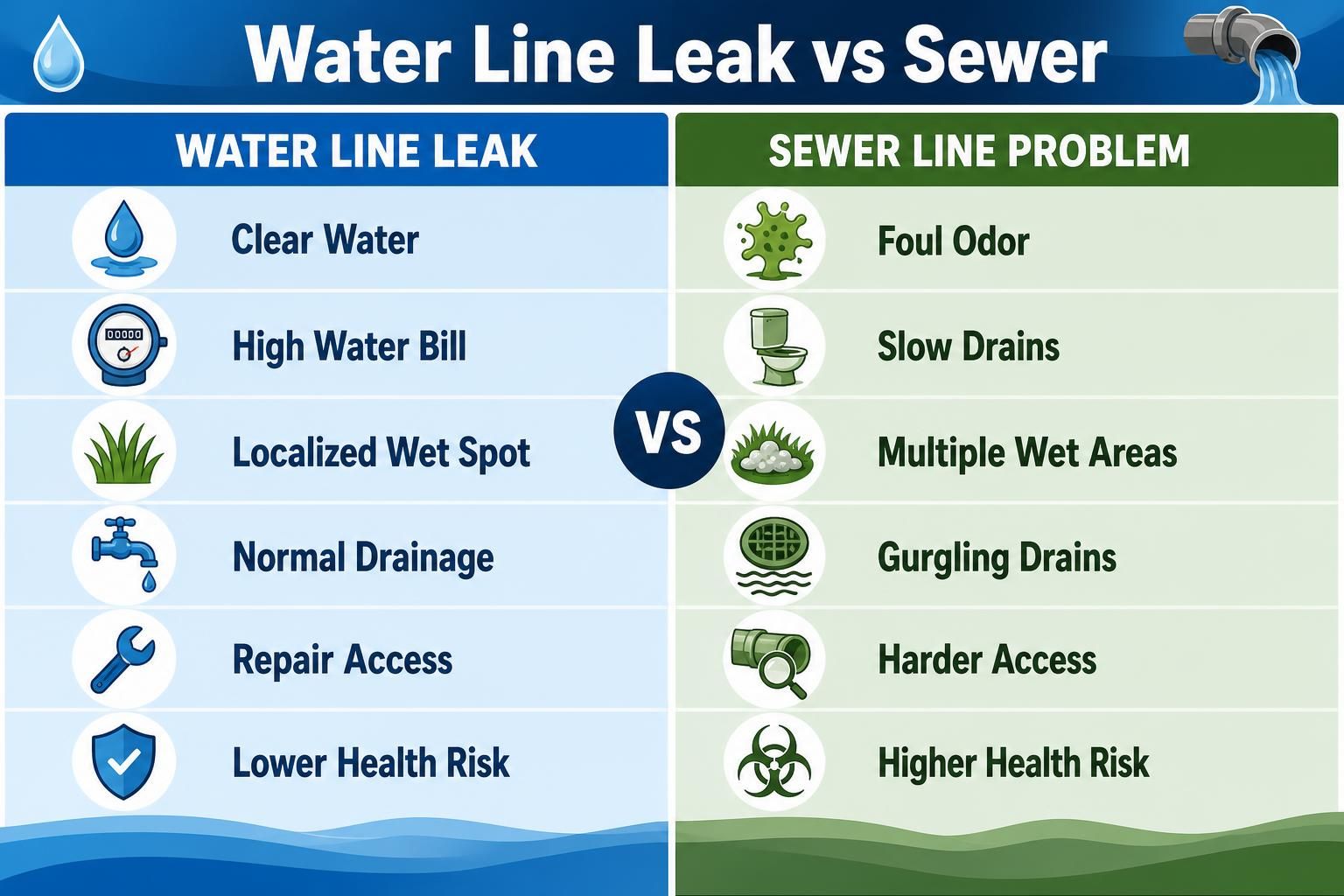 Comparison chart of water line leak and sewer line problem symptoms