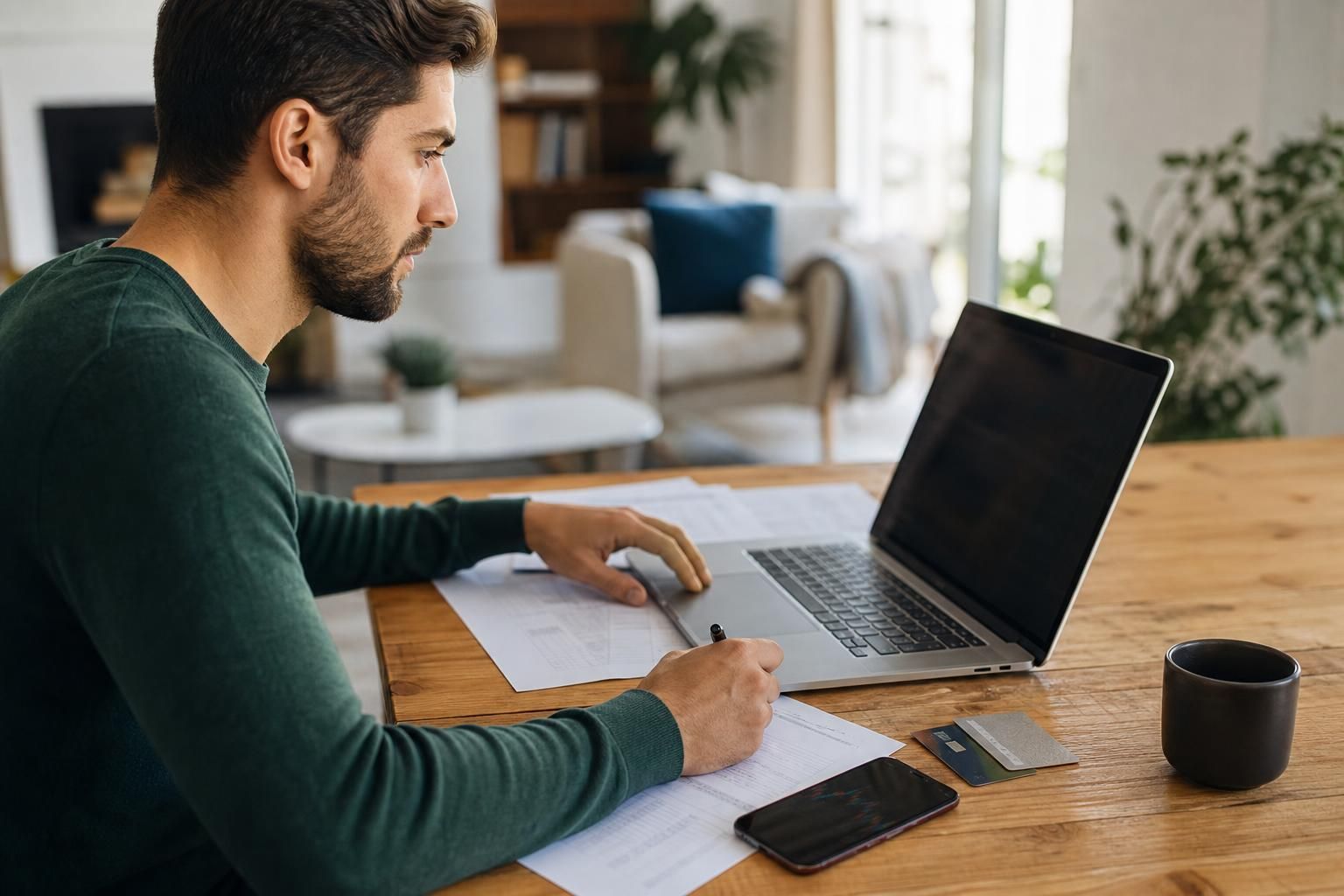 Muškarac radi na laptopu uz papire, telefon i platnu karticu