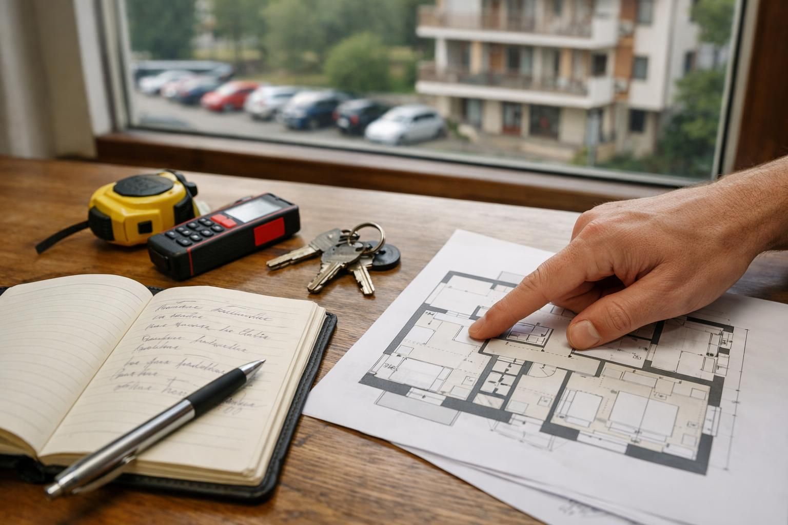 Hand pointing at floor plan beside keys and tools