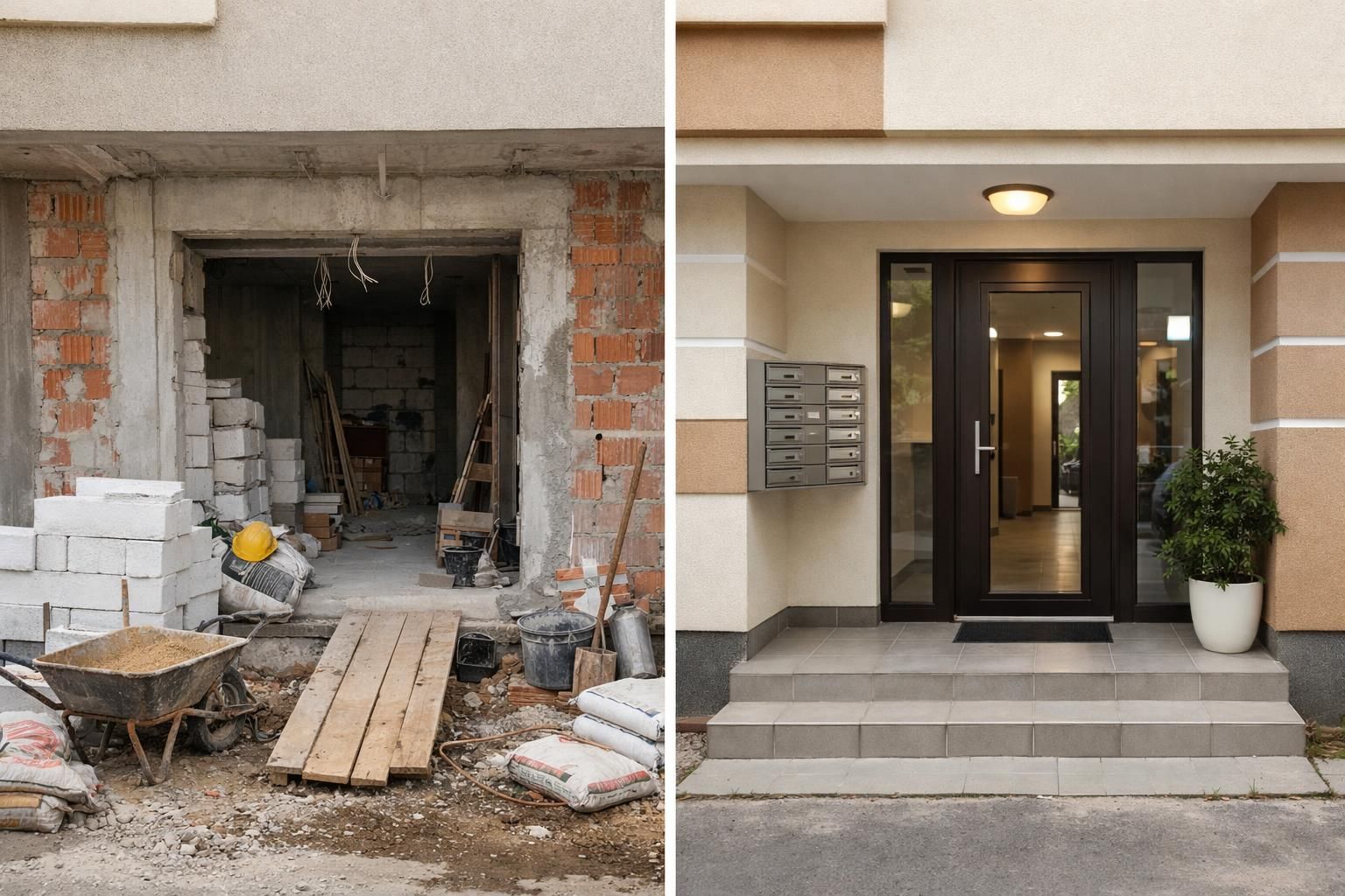 Split view of unfinished entrance and renovated doorway with mailboxes