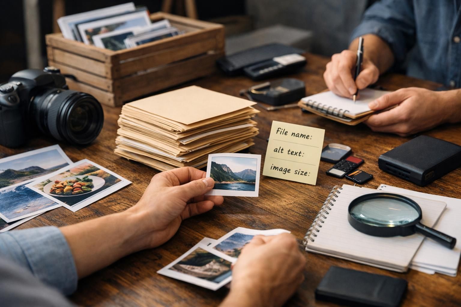 Hands sorting photos beside camera, folders, and notes