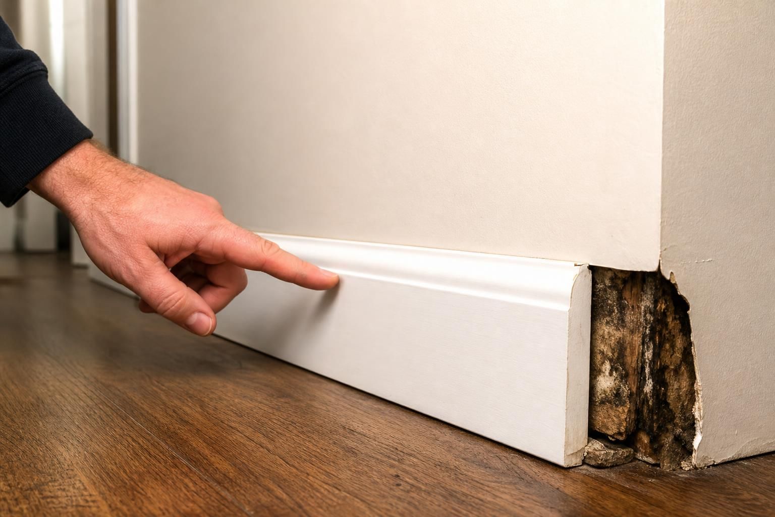 Water damage behind baseboards shown in the article