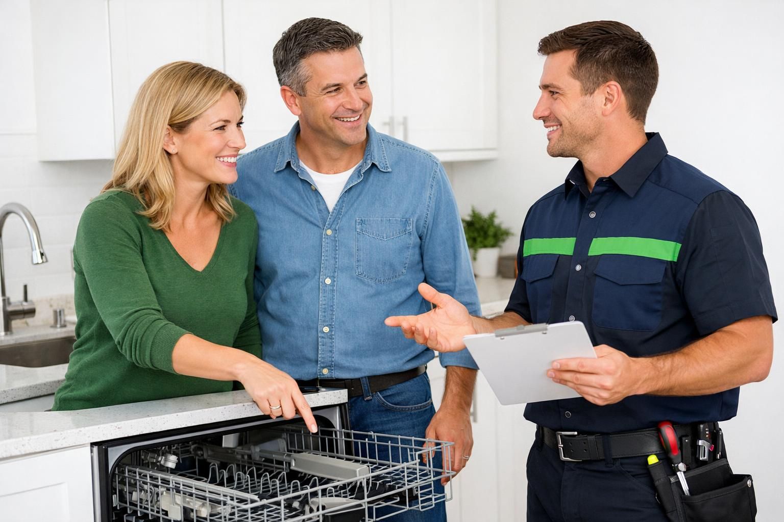Technician with clipboard talks to couple by open dishwasher