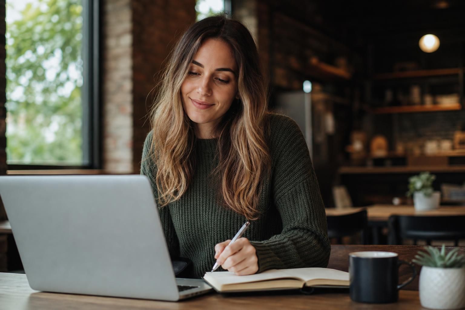 Woman writes in notebook beside laptop and coffee cup