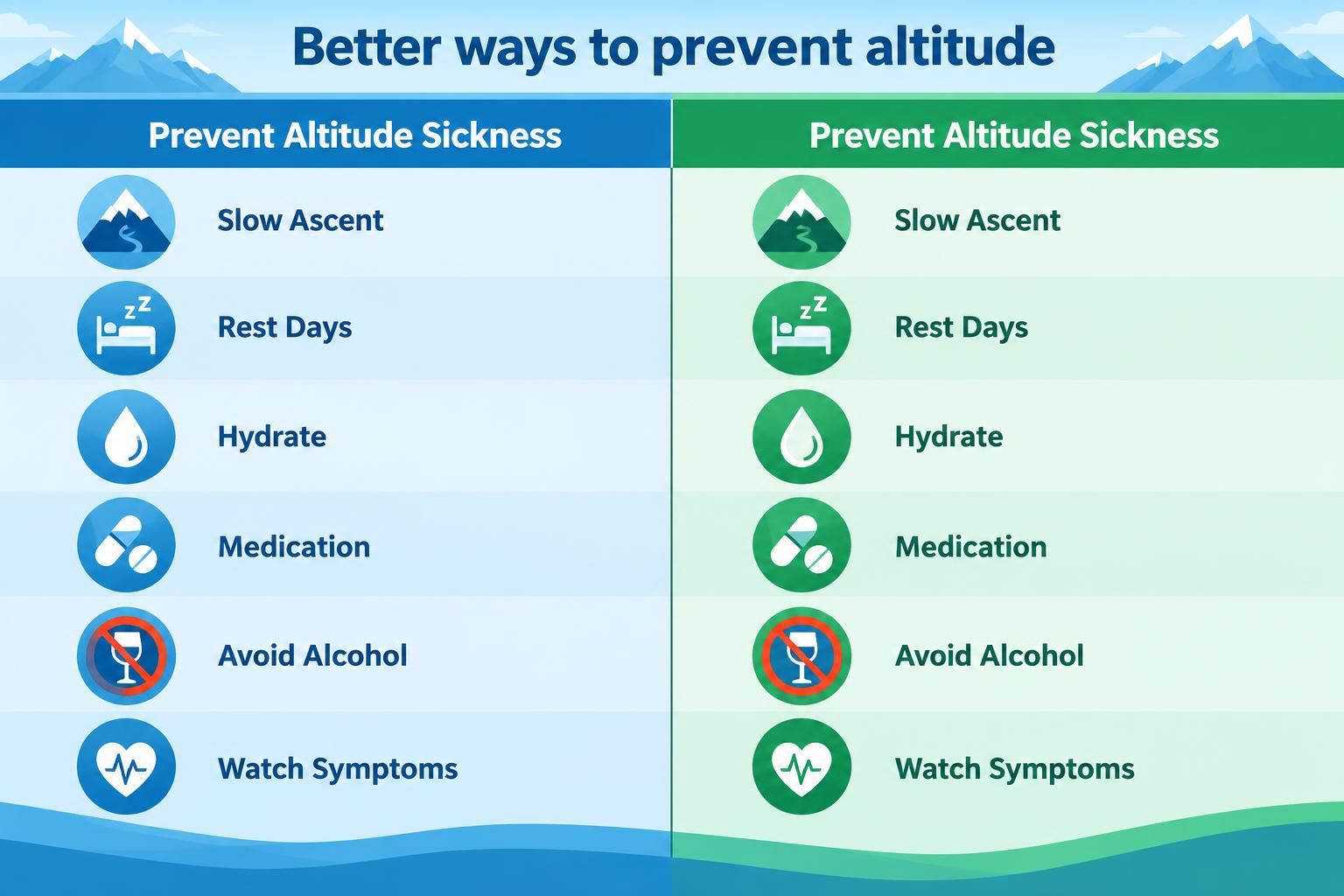 Infographic lists slow ascent, rest days, hydrate, medication, avoid alcohol, watch symptoms