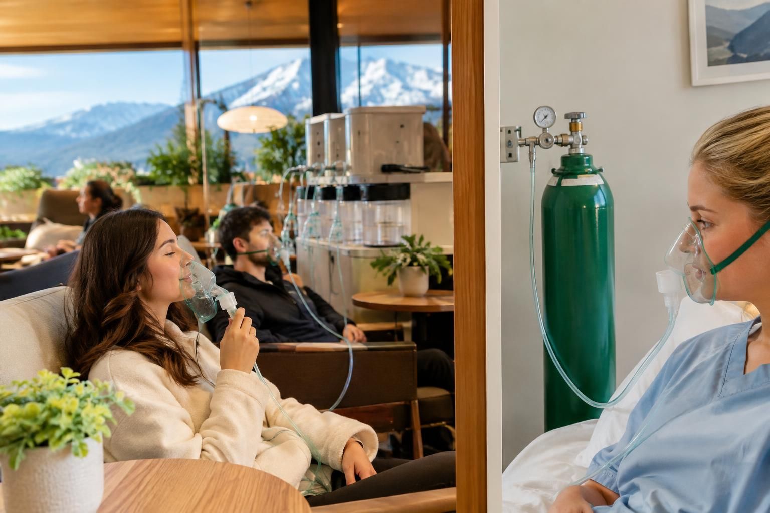 People breathe oxygen masks beside a green tank in a lounge