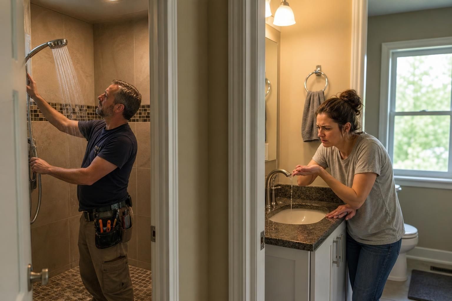 Plumber checks shower spray while woman tests sink flow