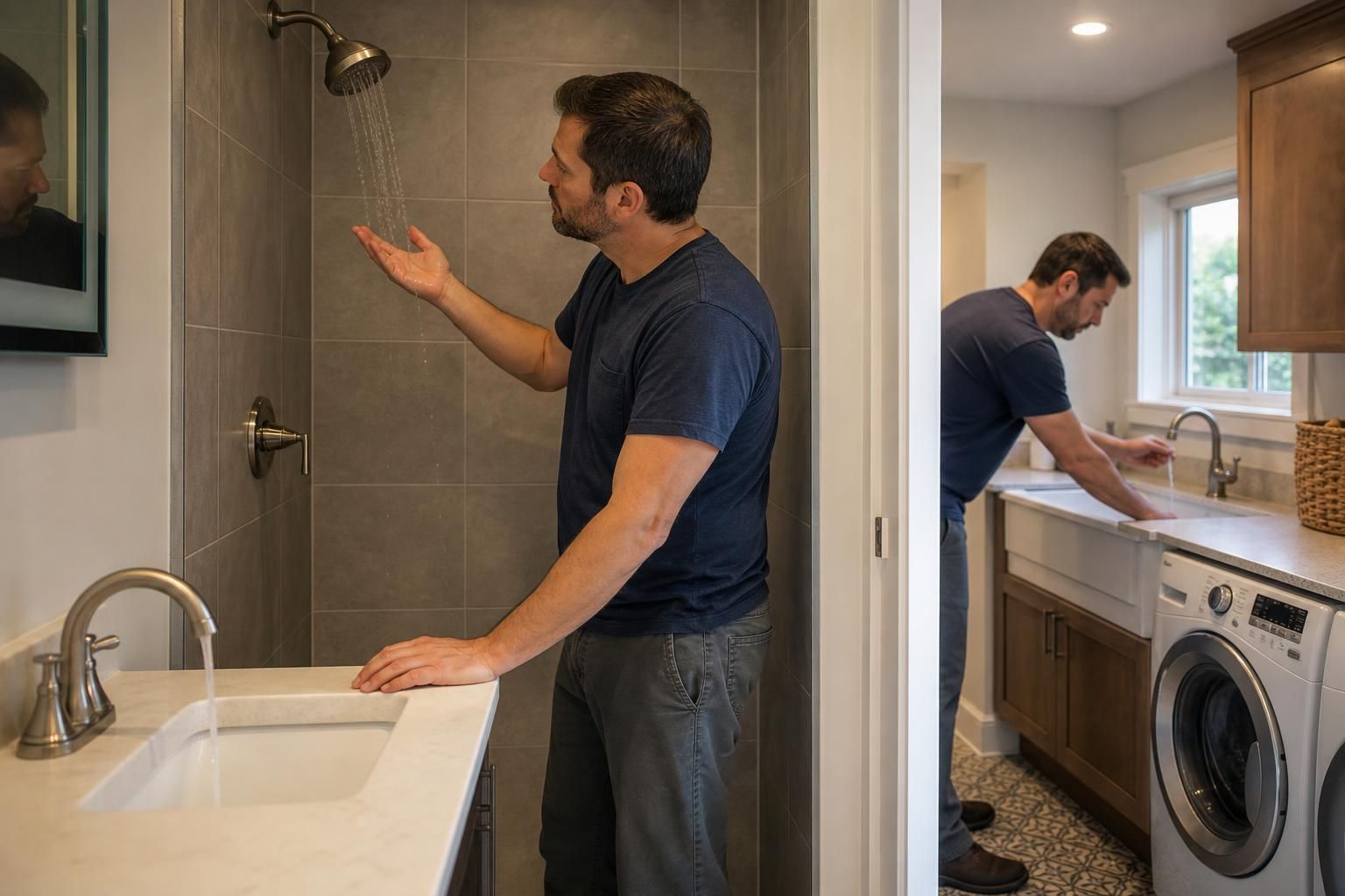 Man checks weak shower spray and slow sink water flow