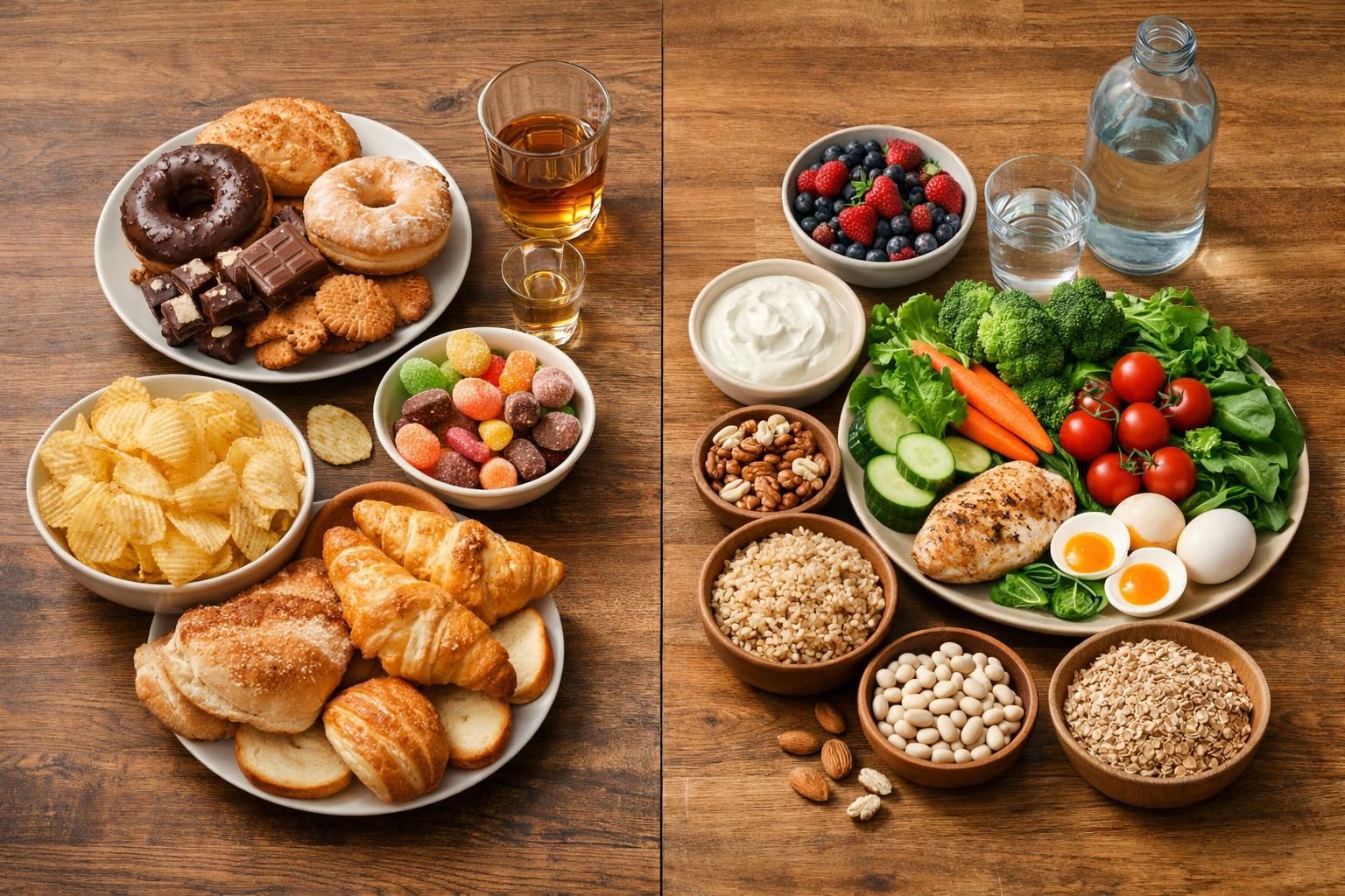 Unhealthy snacks and sweets beside healthy foods on table