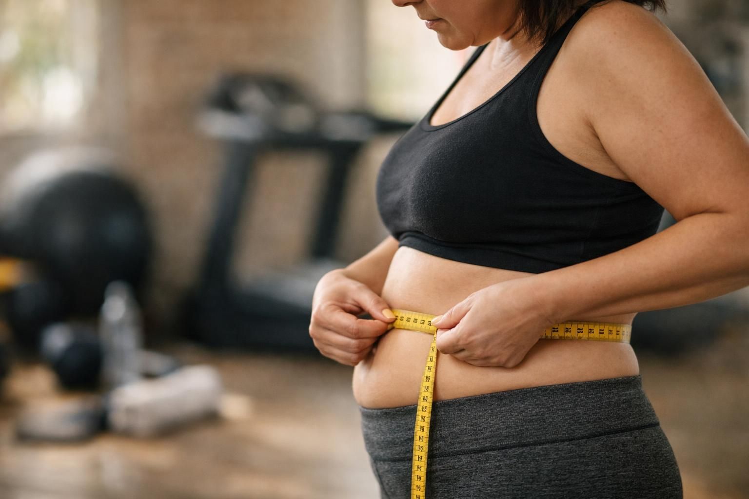 Woman measuring waist with yellow tape in gym
