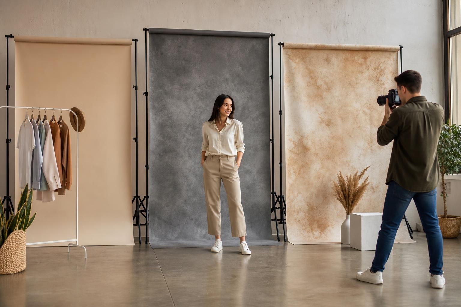 Fotograf snima model ispred tri različite pozadine