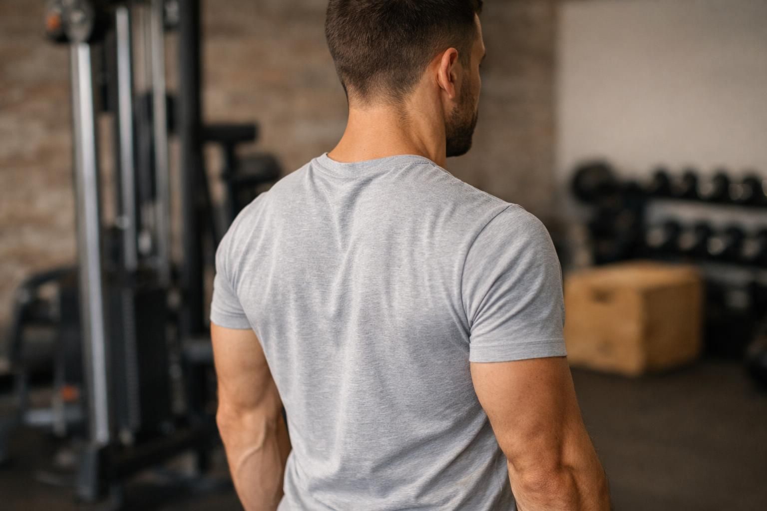 Man in gray t shirt standing in gym