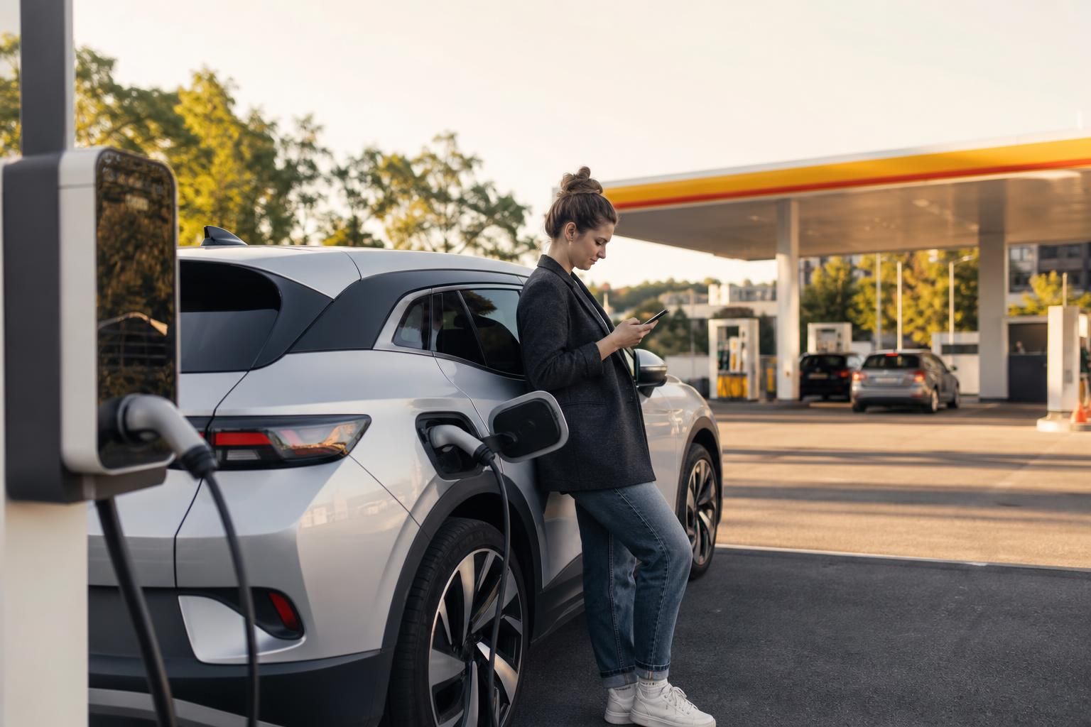 Žena puni električni automobil i gleda telefon