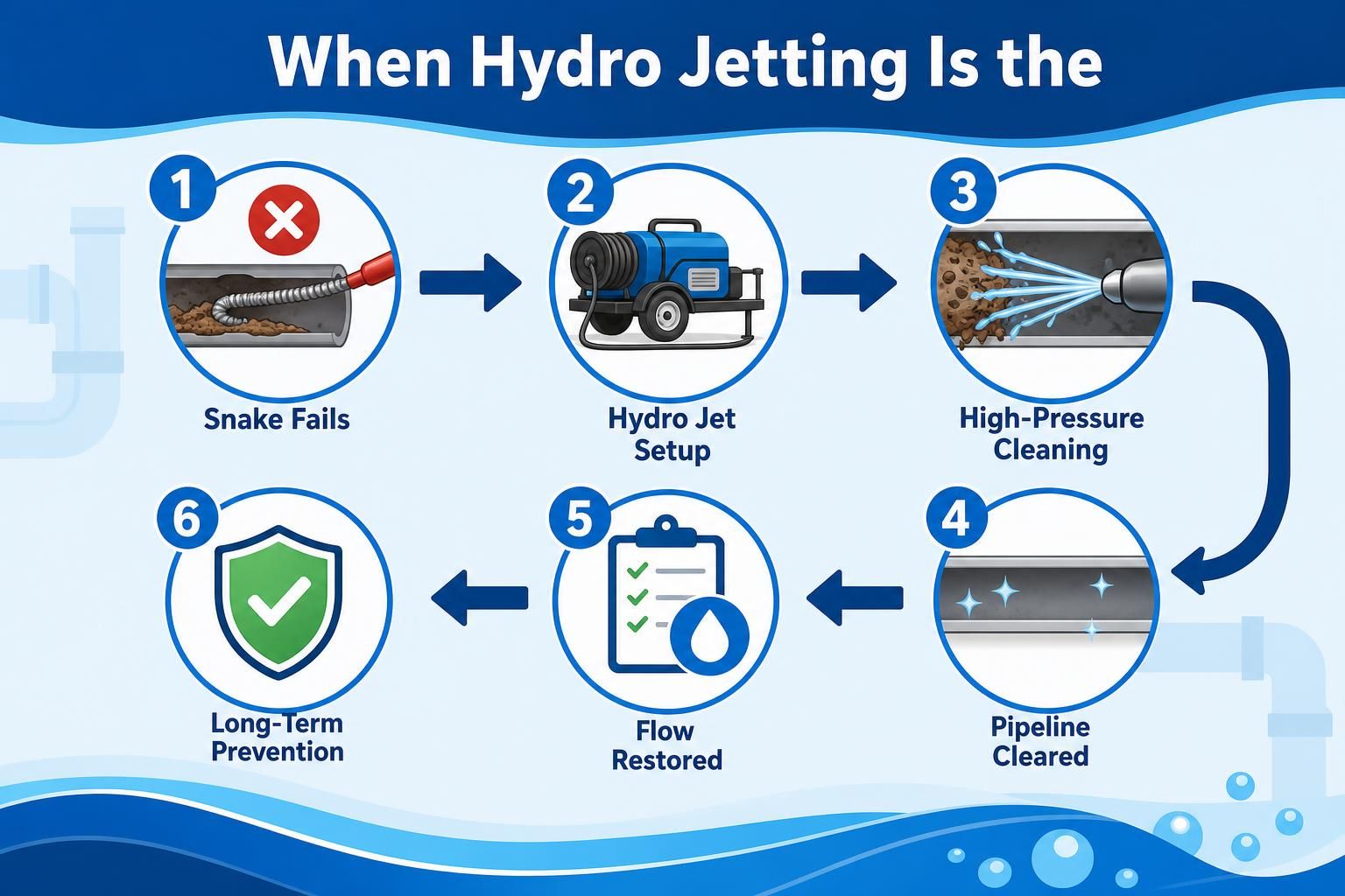 Hydro jetting steps show snake failing, cleaning, and restored flow