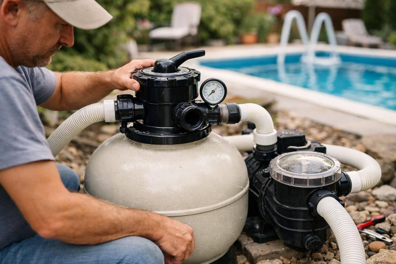 Man adjusting pool filter pump beside blue swimming pool